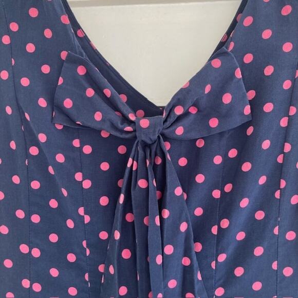 J. Peterman Navy Pink Polka-Dot Silk Cotton Fit & Flare Skirt Sleeveless Dress 4 - Picture 3 of 5